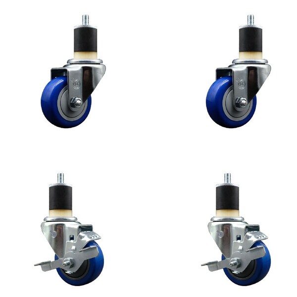 Service Caster 3'' SS Blue Poly Wheel Swivel 1-7/8'' Expanding Stem Caster Set 2 Brakes, 4PK SCC-SSEX20S314-PPUB-BLUE-2-TLB-2-178 - main